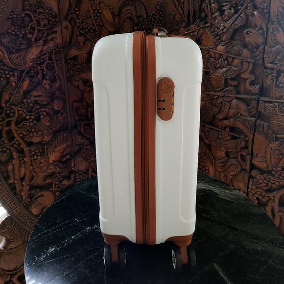 New 20" White & Cognac Brown Carry-On Luggage Suitcase Spinner Wheels - Picture 5 of 8